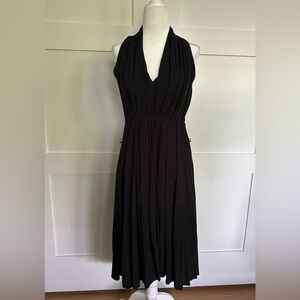 Molly Bracken XS v-neck black midi dress, pleated bodice, adj. tie at waist.
